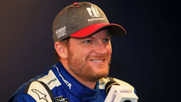 KANSAS CITY, KS - OCTOBER 21: Dale Earnhardt Jr., driver of the #88 Nationwide Chevrolet, speaks to the media before practice for the Monster Energy NASCAR Cup Series Hollywood Casino 400 at Kansas Speedway on October 21, 2017 in Kansas City, Kansas. (Photo by Chris Trotman/Getty Images)