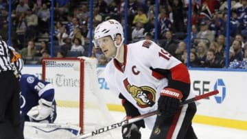 Mar 24, 2014; Tampa, FL, USA; Ottawa Senators center Jason Spezza (19) reacts after he scores the game winning shootout goal during the third period against the Tampa Bay Lightning at Tampa Bay Times Forum. Ottawa Senators defeated the Tampa Bay Lightning 4-3 in a shootout. Mandatory Credit: Kim Klement-USA TODAY Sports