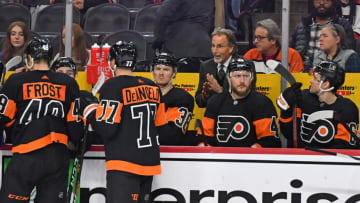 Dec 17, 2022; Philadelphia, Pennsylvania, USA; Philadelphia Flyers head coach John Tortorella talks to his team during a timeout against the New York Rangers during the third period at Wells Fargo Center. Mandatory Credit: Eric Hartline-USA TODAY Sports