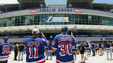 TAMPA, FLORIDA - JUNE 05: Fans arrive for the game between the New York Rangers and the Tampa Bay Lightning in Game Three of the Eastern Conference Final of the 2022 Stanley Cup Playoffs at Amalie Arena on June 05, 2022 in Tampa, Florida. (Photo by Bruce Bennett/Getty Images)