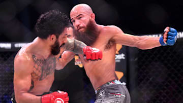 INGLEWOOD, CA - JANUARY 25: Henry Corrales (red gloves) and Juan Archeluta (blue gloves) exchange blows during their featherweight fight at The Forum on January 25, 2020 in Inglewood, California. Archeluta won by decision. (Photo by Jayne Kamin-Oncea/Getty Images)