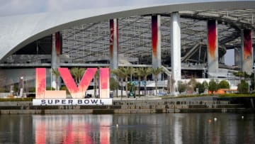 Feb 1, 2022; Inglewood, CA, USA; The Super Bowl LVI numerals logo is seen at SoFi Stadium. Super Bowl 56 between the Los Angeles Rams and the Cincinnati Bengals will be played on Feb. 13, 2022. Mandatory Credit: Kirby Lee-USA TODAY Sports
