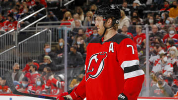 NEWARK, NEW JERSEY - DECEMBER 31: Dougie Hamilton #7 of the New Jersey Devils in action against the Edmonton Oilers at Prudential Center on December 31, 2021 in Newark, New Jersey. The Devils defeated the Oilers 6-5 in overtime. (Photo by Jim McIsaac/Getty Images)