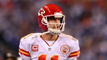 Jan 4, 2014; Indianapolis, IN, USA; Kansas City Chiefs quarterback Alex Smith (11) on the sidelines during the second quarter of the 2013 AFC wild card playoff football game against the Indianapolis Colts at Lucas Oil Stadium. Mandatory Credit: Andrew Weber-USA TODAY Sports