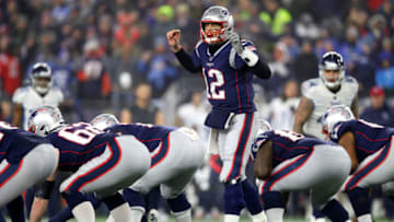FOXBOROUGH, MASSACHUSETTS - JANUARY 04: Tom Brady #12 of the New England Patriots calls a play during the AFC Wild Card Playoff game against the Tennessee Titans at Gillette Stadium on January 04, 2020 in Foxborough, Massachusetts. (Photo by Maddie Meyer/Getty Images)
