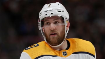 DENVER, CO - NOVEMBER 07: Yannick Weber #7 of the Nashville Predators plays the Colorado Avalanche at the Pepsi Center on November 7, 2018 in Denver, Colorado. (Photo by Matthew Stockman/Getty Images)