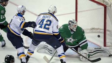 May 1, 2016; Dallas, TX, USA; St. Louis Blues center David Backes (42) scores the game winning goal against Dallas Stars goalie Antti Niemi (31) during the overtime period in game two of the first round of the 2016 Stanley Cup Playoffs at the American Airlines Center. The Blues win 4-3 in overtime. Mandatory Credit: Jerome Miron-USA TODAY Sports