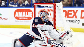 Dec 15, 2022; Tampa, Florida, USA; Columbus Blue Jackets goaltender Daniil Tarasov (40) makes a save against the Tampa Bay Lightning during the third period at Amalie Arena. Mandatory Credit: Kim Klement-USA TODAY Sports