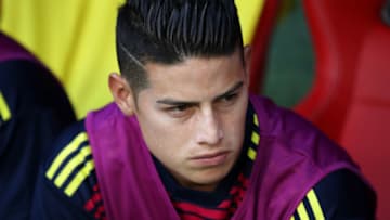 SARANSK, RUSSIA - JUNE 19: James Rodriguez of Colombia looks on from the bench prior to the 2018 FIFA World Cup Russia group H match between Colombia and Japan at Mordovia Arena on June 19, 2018 in Saransk, Russia. (Photo by Clive Mason/Getty Images)