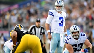 CANTON, OHIO - AUGUST 5: Garrett Gilbert #3 of the Dallas Cowboys looks on in the first half during the 2021 NFL preseason Hall of Fame Game against the Pittsburgh Steelers at Tom Benson Hall Of Fame Stadium on August 5, 2021 in Canton, Ohio. (Photo by Emilee Chinn/Getty Images)