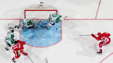 DETROIT, MI - OCTOBER 28: Anthony Mantha #39 of the Detroit Red Wings scores a second period goal past Ben Bishop #30 of the Dallas Stars during an NHL game at Little Caesars Arena on October 28, 2018 in Detroit, Michigan. The Wings defeated the Stars 4-2. (Photo by Dave Reginek/NHLI via Getty Images)