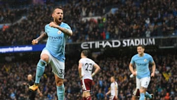 MANCHESTER, ENGLAND - OCTOBER 21: Nicolas Otamendi of Manchester City celebrates scoring the 2nd Manchester City goal during the Premier League match between Manchester City and Burnley at Etihad Stadium on October 21, 2017 in Manchester, England. (Photo by Shaun Botterill/Getty Images)