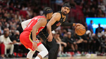 Gabe Vincent #2 of the Miami Heat controls the ball against Devonte' Graham #4 of the New Orleans Pelicans(Photo by Mark Brown/Getty Images)
