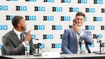 Oct 8, 2021; Indianapolis, IN, USA; Penn State Nittany Lions forward Josh Harrar takes video of teammate guard Myles Dread during Big Ten media day at Bankers Life Fieldhouse. Mandatory Credit: Robert Goddin-USA TODAY Sports