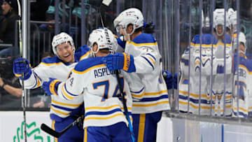 SEATTLE, WASHINGTON - NOVEMBER 04: Tage Thompson #72 of the Buffalo Sabres celebrates his goal against the Seattle Kraken during the second period on November 04, 2021 at Climate Pledge Arena in Seattle, Washington. (Photo by Steph Chambers/Getty Images)