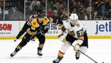 BOSTON, MA - NOVEMBER 11: Vegas Golden Knights center William Karlsson (71) carries the puck during a game between the Boston Bruins and the Vegas Golden Knights on November 11, 2018, at TD Garden in Boston, Massachusetts. (Photo by Fred Kfoury III/Icon Sportswire via Getty Images)