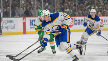 Jan 28, 2023; Saint Paul, Minnesota, USA; Buffalo Sabres right wing Jack Quinn (22) prepares to shoot, he will score on the Minnesota Wild in the first period at Xcel Energy Center. Mandatory Credit: Matt Blewett-USA TODAY Sports
