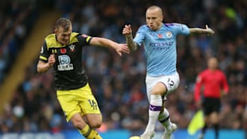 MANCHESTER, ENGLAND - NOVEMBER 02: Angelino of Manchester City battles for possession with James Ward-Prowse of Southampton during the Premier League match between Manchester City and Southampton FC at Etihad Stadium on November 02, 2019 in Manchester, United Kingdom. (Photo by Jan Kruger/Getty Images)
