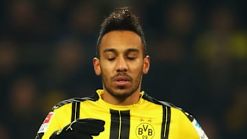 DORTMUND, GERMANY - DECEMBER 20: Pierre-Emerick Aubameyang of Borussia Dortmund reacts during the Bundesliga match between Borussia Dortmund and FC Augsburg at Signal Iduna Park on December 20, 2016 in Dortmund, Germany. (Photo by Dean Mouhtaropoulos/Bongarts/Getty Images)