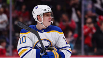 WASHINGTON, DC - MARCH 15: Henri Jokiharju #10 of the Buffalo Sabres looks on against the Washington Capitals during overtime of the game at Capital One Arena on March 15, 2023 in Washington, DC. (Photo by Scott Taetsch/Getty Images)