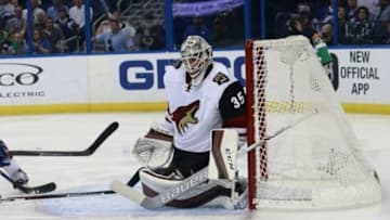 Feb 23, 2016; Tampa, FL, USA; Arizona Coyotes goalie Louis Domingue (35) makes a save against the Tampa Bay Lightning during the second period at Amalie Arena. Mandatory Credit: Kim Klement-USA TODAY Sports