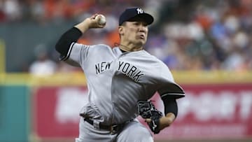 Jul 27, 2016; Houston, TX, USA; New York Yankees starting pitcher Masahiro Tanaka (19) pitches against the Houston Astros during the third inning at Minute Maid Park. Mandatory Credit: Troy Taormina-USA TODAY Sports