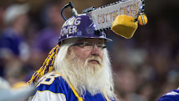 Sep 18, 2016; Minneapolis, MN, USA; A Minnesota Vikings fan against the Green Bay Packers at U.S. Bank Stadium. The Vikings defeated the Packers 17-14. Mandatory Credit: Brace Hemmelgarn-USA TODAY Sports