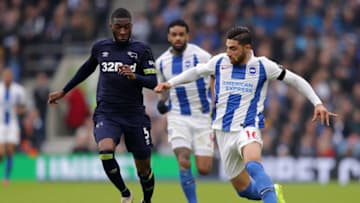 BRIGHTON, ENGLAND - FEBRUARY 16: Alireza Jahanbakhsh of Brighton and Hove Albion is challenged by Fikayo Tomori of Derby County during the FA Cup Fifth Round match between Brighton and Hove Albion and Derby County at Amex Stadium on February 16, 2019 in Brighton, United Kingdom. (Photo by Richard Heathcote/Getty Images)