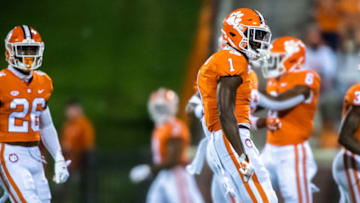 Oct 3, 2020; Clemson, South Carolina, USA; Clemson cornerback Derion Kendrick (1), after breaking up a pass in the first quarter of their game against Virginia at Memorial Stadium. Mandatory Credit: Ken Ruinard-USA TODAY Sports