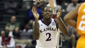 Nov 28, 2014; Kissimmee, FL, USA; Kansas Jayhawks forward Cliff Alexander (2) claps and reacts against the Tennessee Volunteers during the second half at HP Field House. Kansas Jayhawks defeated the Tennessee Volunteers 82-67. Mandatory Credit: Kim Klement-USA TODAY Sports