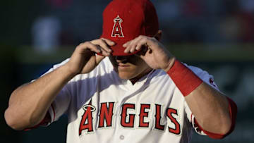 May 27, 2016; Anaheim, CA, USA; Los Angeles Angels center fielder Mike Trout (27) warms up prior to the game against the Houston Astros at Angel Stadium of Anaheim. Mandatory Credit: Kelvin Kuo-USA TODAY Sports