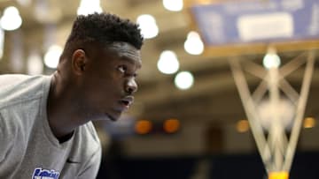 DURHAM, NORTH CAROLINA - FEBRUARY 20: Zion Williamson #1 of the Duke Blue Devils warms up before their game against the North Carolina Tar Heels at Cameron Indoor Stadium on February 20, 2019 in Durham, North Carolina. (Photo by Streeter Lecka/Getty Images)