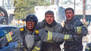 9-1-1: L-R: Aisha Hinds, Ryan Guzman and Oliver Stark in the “Pay it Forward” season finale episode of 9-1-1 airing Monday, May 15 (8:00-9:01 PM ET/PT) on FOX. © 2022 FOX MEDIA LLC. CR: Jack Zeman/ FOX.