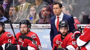 OTTAWA, ON - MAY 23: Head coach Guy Boucher of the Ottawa Senators looks on against the Pittsburgh Penguins in Game Six of the Eastern Conference Final during the 2017 NHL Stanley Cup Playoffs at Canadian Tire Centre on May 23, 2017 in Ottawa, Ontario, Canada. The Ottawa Senators defeated the Pittsburgh Penguins 2-1. (Photo by Minas Panagiotakis/Getty Images)