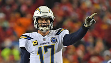 KANSAS CITY, MO - DECEMBER 13: Quarterback Philip Rivers #17 of the Los Angeles Chargers calls out instructions during the first half against the Kansas City Chiefs on December 13, 2018 at Arrowhead Stadium in Kansas City, Missouri. (Photo by Peter G. Aiken/Getty Images)