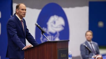 New Kansas football coach Lance Leipold speaks during an introductory news conference Monday at the indoor practice facility in Lawrence.
