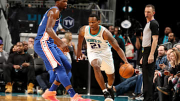 CHARLOTTE, NC - MARCH 6: Treveon Graham #21 of the Charlotte Hornets handles the ball during the game against the Philadelphia 76ers on March 6, 2018 at Spectrum Center in Charlotte, North Carolina. NOTE TO USER: User expressly acknowledges and agrees that, by downloading and or using this photograph, User is consenting to the terms and conditions of the Getty Images License Agreement. Mandatory Copyright Notice: Copyright 2018 NBAE (Photo by Kent Smith/NBAE via Getty Images)