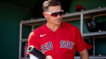 FORT MYERS, FL - FEBRUARY 27: Kiké Hernandez #5 of the Boston Red Sox reacts in the dugout before a Grapefruit League game against the Minnesota Twins on February 27, 2023 at JetBlue Park at Fenway South in Fort Myers, Florida. (Photo by Maddie Malhotra/Boston Red Sox/Getty Images)