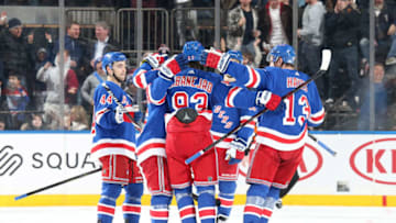 NEW YORK, NY - DECEMBER 16: Mika Zibanejad #93 of the New York Rangers celebrates with teammates after scoring in the second period against the Vegas Golden Knights at Madison Square Garden on December 16, 2018 in New York City. (Photo by Jared Silber/NHLI via Getty Images)