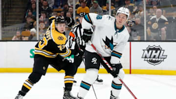 BOSTON, MA - FEBRUARY 26: Boston Bruins right defenseman Charlie McAvoy (73) tries too get goal side of San Jose Sharks center Tomas Hertl (48) during a game between the Boston Bruins and the San Jose Sharks on February 26, 2019, at TD Garden in Boston, Massachusetts. (Photo by Fred Kfoury III/Icon Sportswire via Getty Images)
