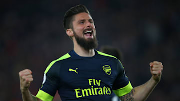 SOUTHAMPTON, ENGLAND - MAY 10: Olivier Giroud of Arsenal celebrates after scoring to make it 0-2 during the Premier League match between Southampton and Arsenal at St Mary's Stadium on May 10, 2017 in Southampton, England. (Photo by Catherine Ivill - AMA/Getty Images)