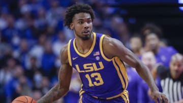 LEXINGTON, KY - FEBRUARY 23: Tari Eason #13 of the LSU Tigers brings the ball up court during the game against the Kentucky Wildcats at Rupp Arena on February 23, 2022 in Lexington, Kentucky. (Photo by Michael Hickey/Getty Images)
