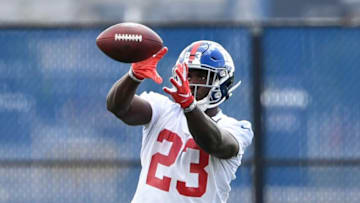 New York Giants rookie running back from Rutgers Jon Hilliman makes a catch during drills on Day 3 of Giants minicamp on Thursday, June 6, 2019, in East Rutherford.Nyg Minicamp