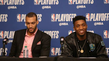 SALT LAKE CITY, UT - APRIL 23: Rudy Gobert #27 of the Utah Jazz and Donovan Mitchell #45 of the Utah Jazz speak with media after the game against the Oklahoma City Thunder in Game Four of Round One of the 2018 NBA Playoffs on April 23, 2018 at vivint.SmartHome Arena in Salt Lake City, Utah. NOTE TO USER: User expressly acknowledges and agrees that, by downloading and or using this Photograph, User is consenting to the terms and conditions of the Getty Images License Agreement. Mandatory Copyright Notice: Copyright 2018 NBAE (Photo by Melissa Majchrzak/NBAE via Getty Images)