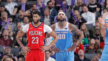 SACRAMENTO, CA - DECEMBER 23: Anthony Davis #23 of the New Orleans Pelicans faces off against Willie Cauley-Stein #00 of the Sacramento Kings on December 23, 2018 at Golden 1 Center in Sacramento, California. NOTE TO USER: User expressly acknowledges and agrees that, by downloading and or using this photograph, User is consenting to the terms and conditions of the Getty Images Agreement. Mandatory Copyright Notice: Copyright 2018 NBAE (Photo by Rocky Widner/NBAE via Getty Images)