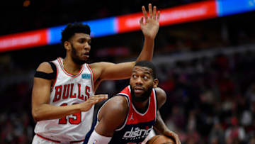 Greg Monroe of the Washington Wizards facing Tony Bradley of the Chicago Bulls (Photo by Quinn Harris/Getty Images)