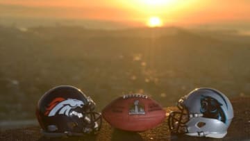 Feb 6, 2016; San Francisco, CA, USA; General view of Carolina Panthers and Denver Broncos helmets at Super Bowl 50 sculpture at Twin Peaks. Mandatory Credit: Kirby Lee-USA TODAY Sports