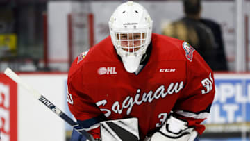 WINDSOR, ON - SEPTEMBER 27: Goaltender Tristan Lennox #30 of the Saginaw Spirit skates prior to a game against the Windsor Spitfires on September 27, 2018 at the WFCU Centre in Windsor, Ontario, Canada. (Photo by Dennis Pajot/Getty Images)