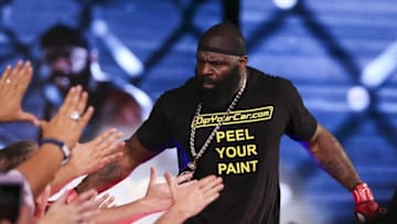 Feb 19, 2016; Houston, TX, USA; Kimbo Slice (red gloves) prior to his Heavyweight fight against Dada 5000 (not pictured) during Bellator 149 at Toyota Center. Mandatory Credit: Troy Taormina-USA TODAY Sports