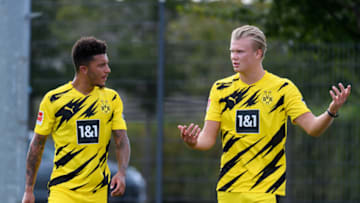 Jadon Sancho and Erling Haaland of Borussia Dortmund (Photo by Alex Gottschalk/DeFodi Images via Getty Images)